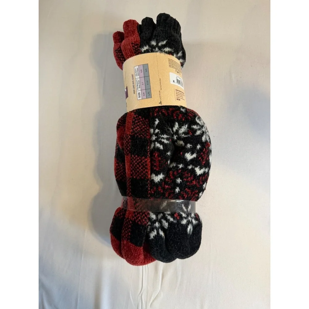 Muk Luks Cabin Socks 2 Pack Red Buffalo Plaid Snowflake Faux Fur Lined S/M